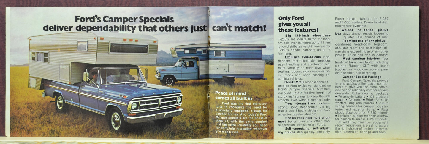 1971 Ford brochure – F-250 and F-350 Camper Specials with slide-in campers in scenic field