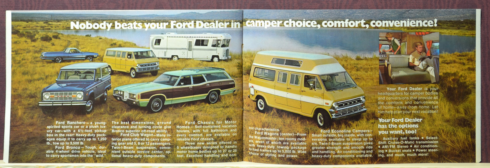 1971 Ford RV lineup – Ranchero, Bronco, Econoline, wagons, and motorhome chassis shown with campers