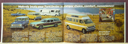 1971 Ford RV lineup – Ranchero, Bronco, Econoline, wagons, and motorhome chassis shown with campers