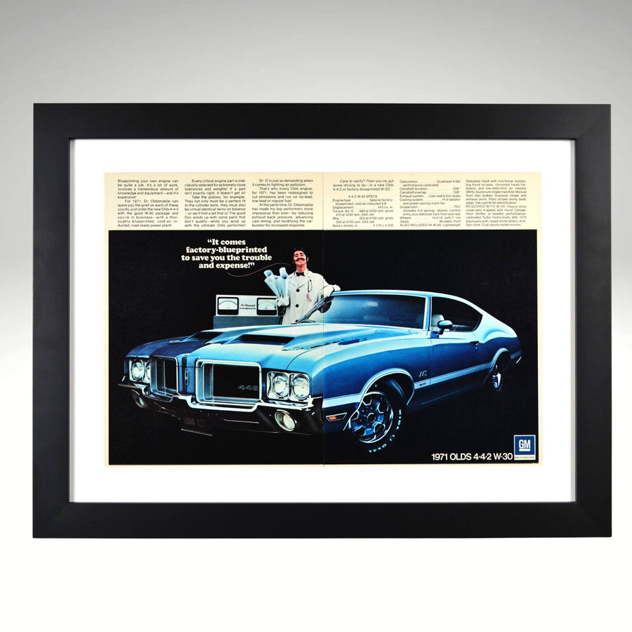 Framed 1971 Oldsmobile 442 W-30 ad print with factory-blueprinted quote and Dr. Oldsmobile – 15x20 vintage car wall art


