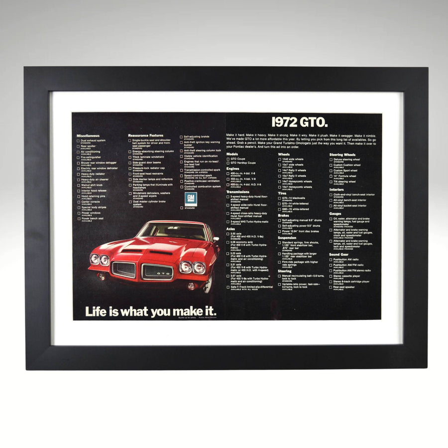 Framed 1972 Pontiac GTO ad with full factory options list – 15x20 vintage automotive wall art for garage or office

