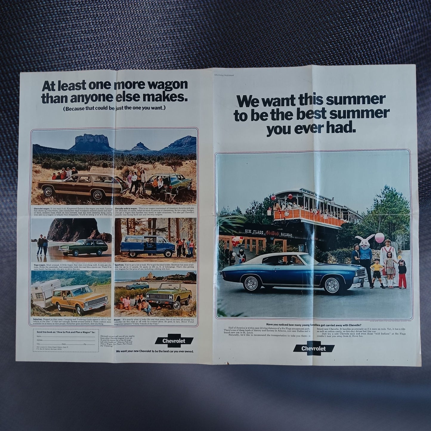 1972 Chevrolet advertising supplement fold-out newsprint featuring Chevy wagons and Chevelle