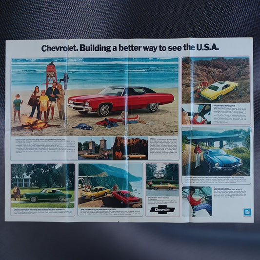 1972 Chevrolet fold-out advertising supplement with Impala Monte Carlo Nova Chevelle Blazer and Vega