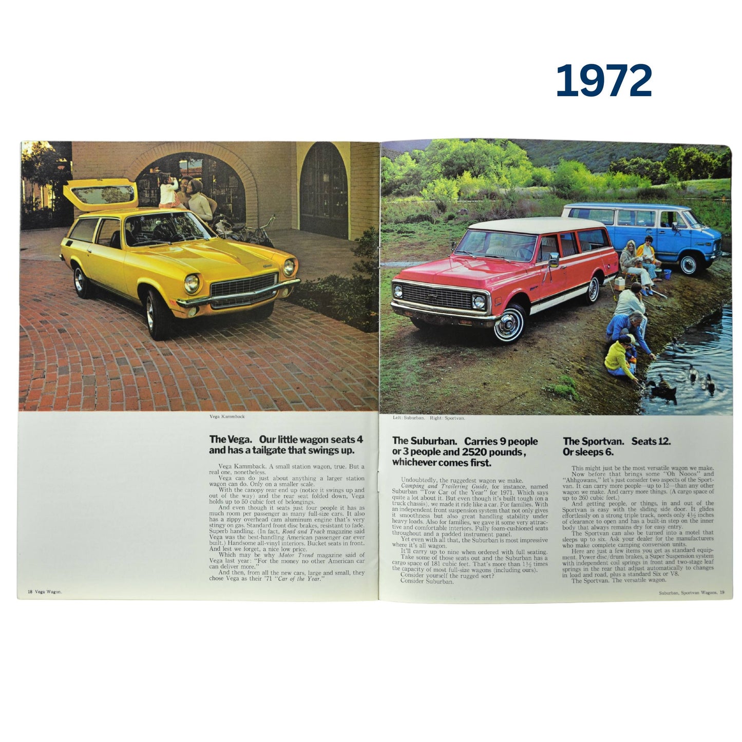 A spread featuring the Chevrolet Vega, Suburban, and Sportvan, showcasing family-friendly design and spacious interiors.