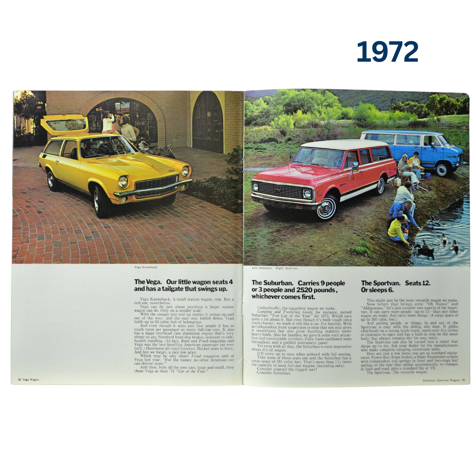 A spread featuring the Chevrolet Vega, Suburban, and Sportvan, showcasing family-friendly design and spacious interiors.