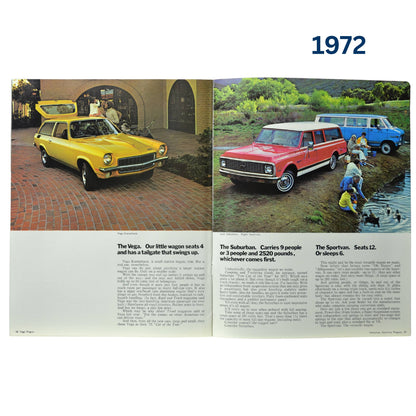 A spread featuring the Chevrolet Vega, Suburban, and Sportvan, showcasing family-friendly design and spacious interiors.