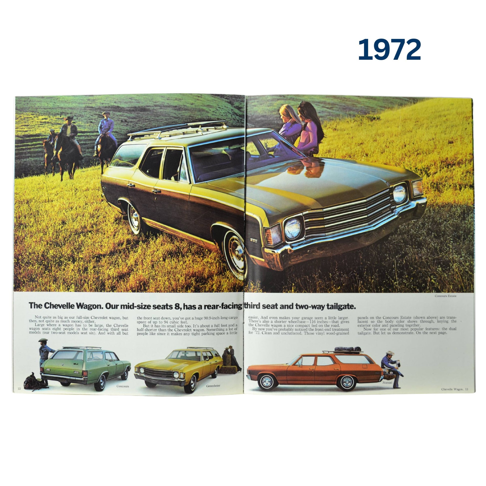 A two-page layout highlighting the Chevelle Wagon, featuring a rear-facing third seat and two-way tailgate.