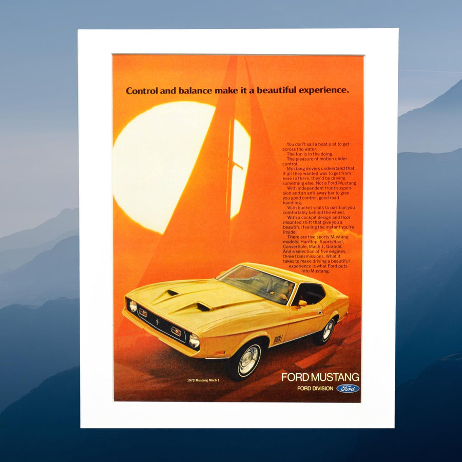 1972 Ford Mustang Mach 1 vintage ad featuring a yellow Mustang against a bold orange background, with retro styling and framed display option.

