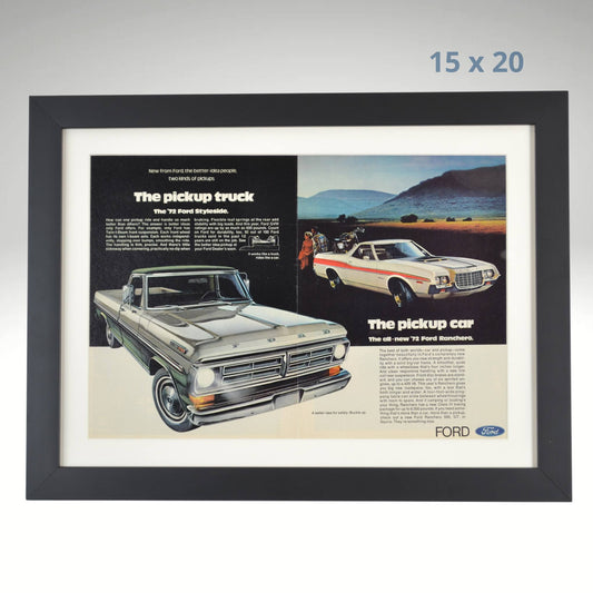 Framed 1972 Ford Ranchero and F-Series pickup truck original vintage magazine ad, 15 x 20 automotive memorabilia print, matte black frame.

