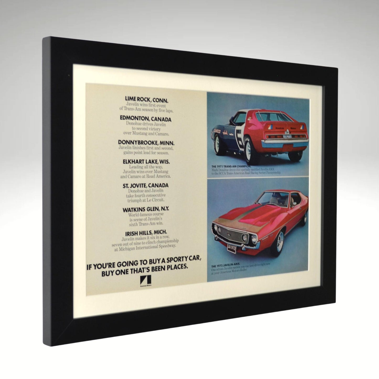 1972 AMC Javelin AMX Ad – Vintage Racing Wall Art framed side view