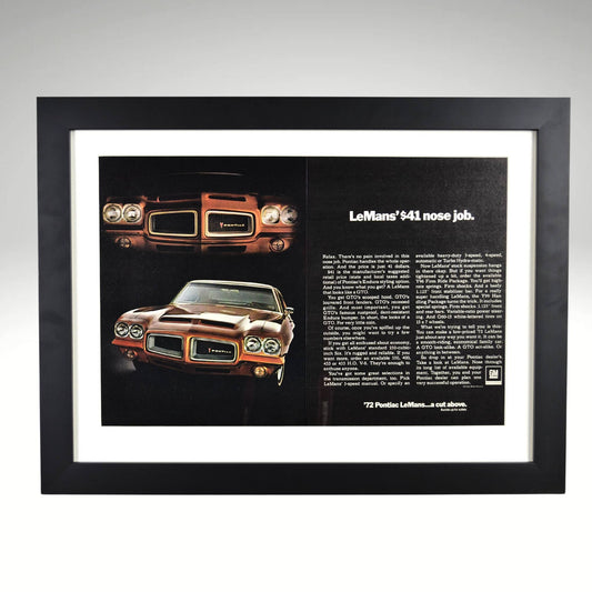 1972 Pontiac LeMans framed print ad featuring the GTO-inspired Endura nose, dual grille, and classic muscle car styling.