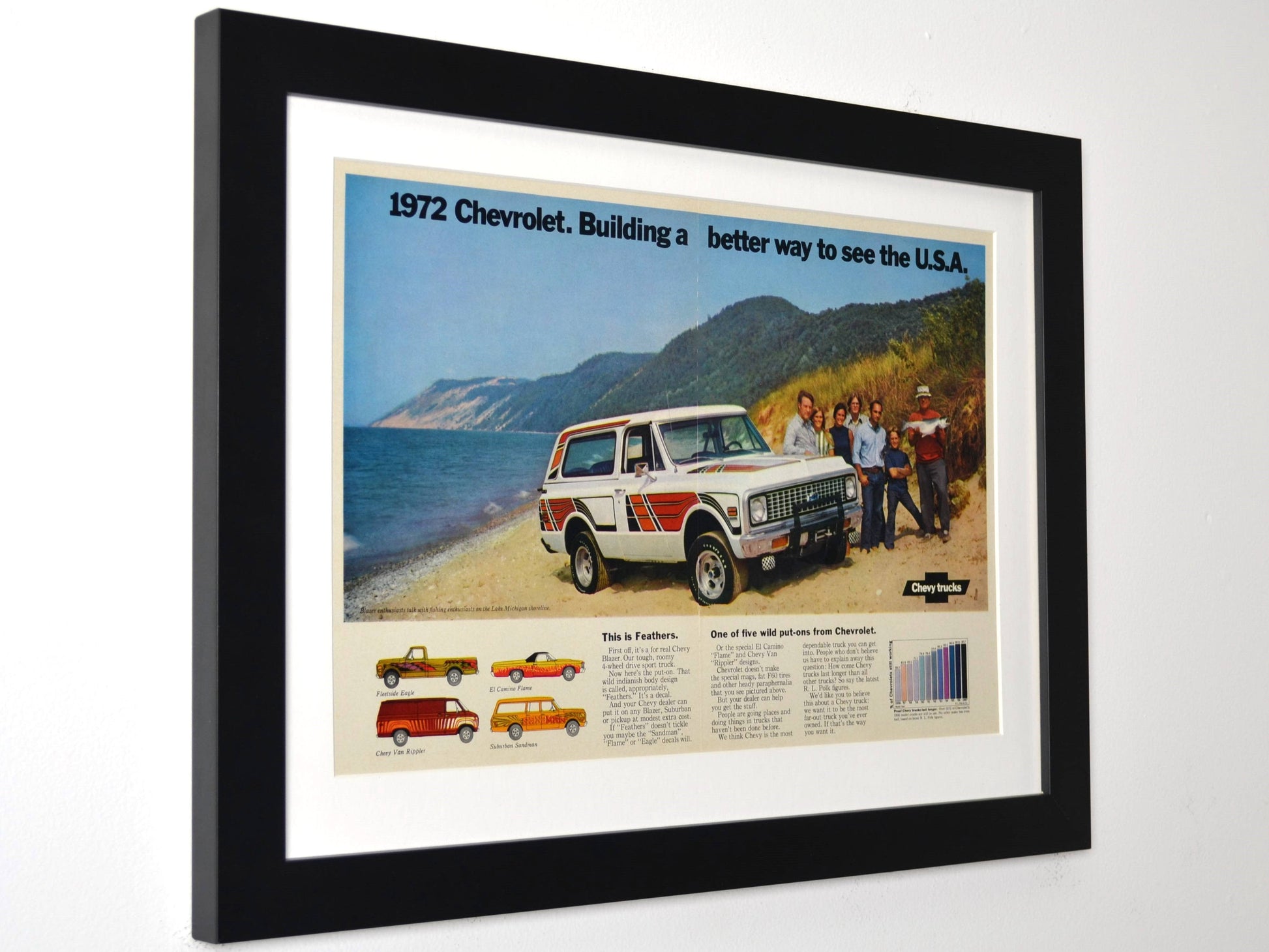 1972 Chevrolet 4x4 Blazer Feathers edition retro ad framed print side view

