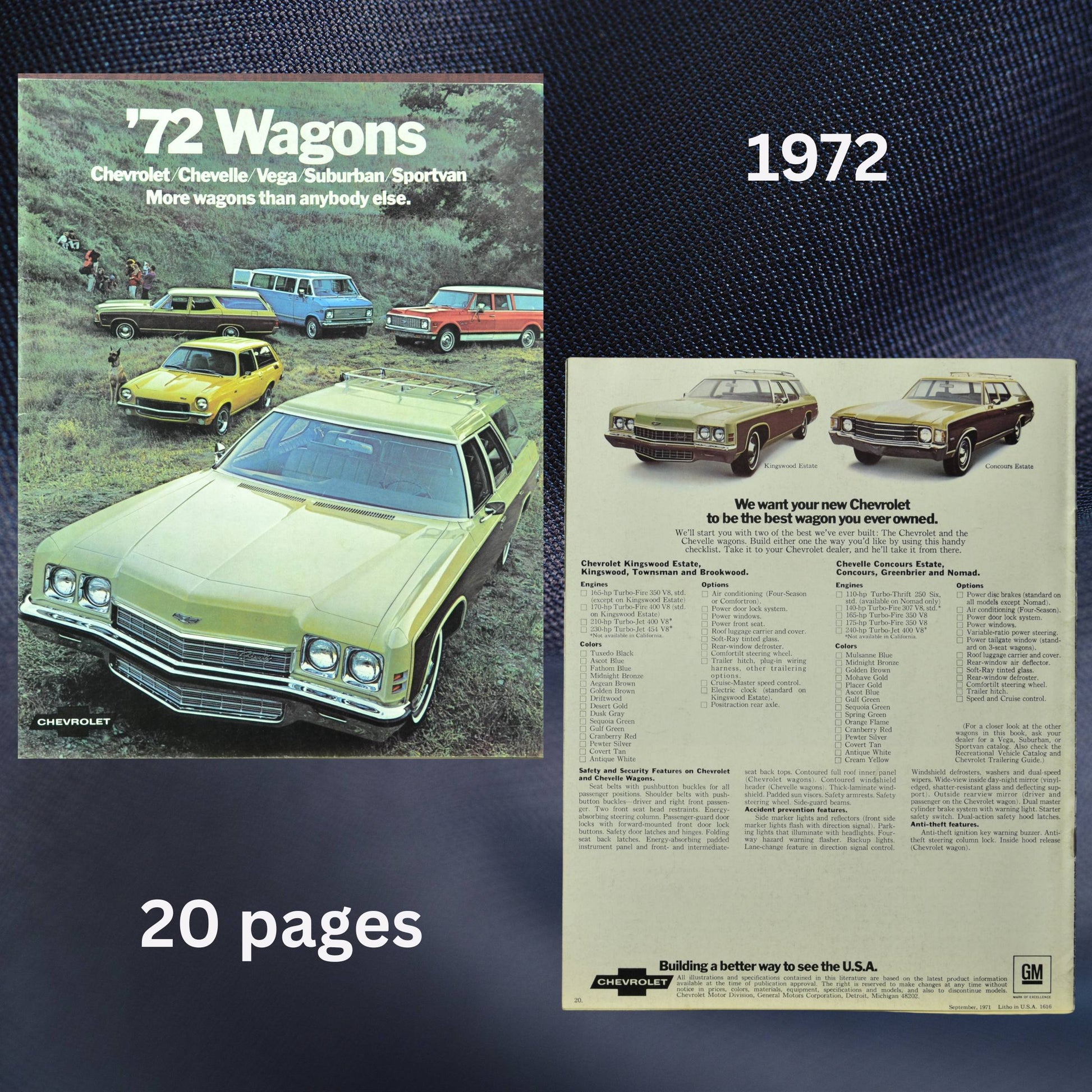 The brochure front cover features a yellow Chevrolet Kingswood station wagon in a scenic outdoor setting, surrounded by other Chevrolet models, including the Vega, Chevelle, Suburban, and Sportvan. The back cover showcases wagon specifications, trim options, and features.