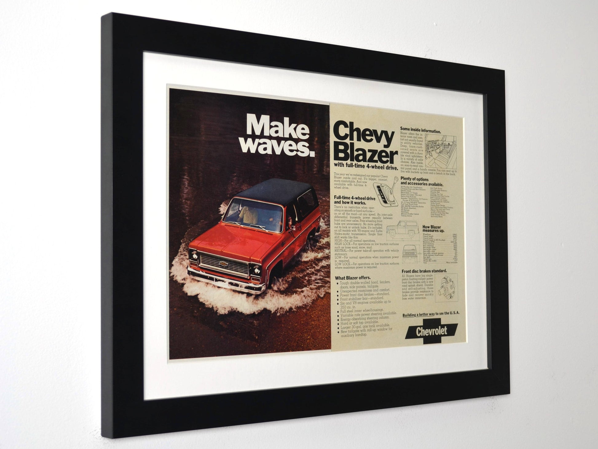 1973 Chevrolet Blazer make waves 4wd vintage ad framed print side view

