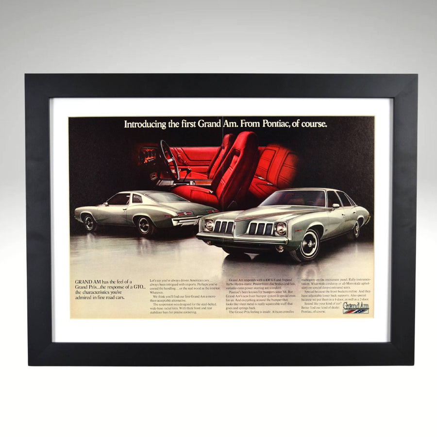 1973 Pontiac Grand Am framed print featuring classic luxury muscle styling, bold waterfall grille, red sport interior, and GM performance heritage.