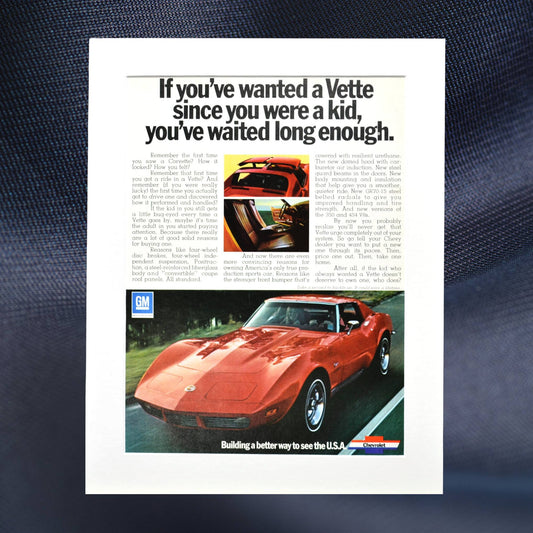 red 1973 Chevrolet corvette original print poster