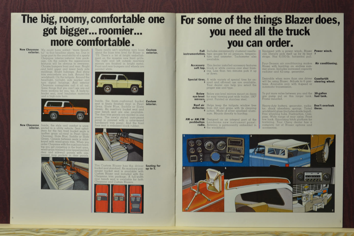 Interior of 1973 Chevy Blazer brochure showcasing Blazer’s versatility with a convertible blue Blazer 