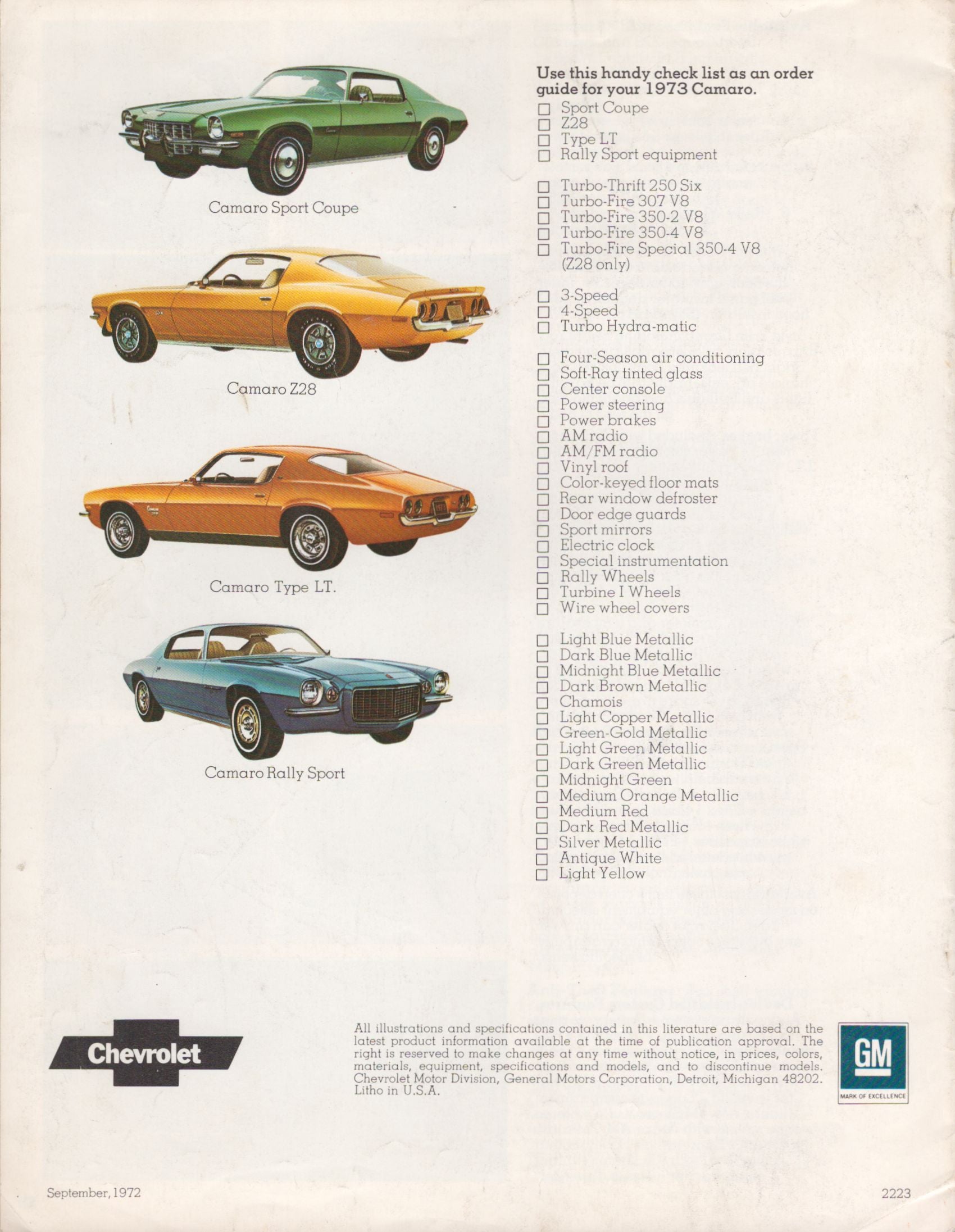 1973 Chevrolet Camaro advertisement with four models and specifications.