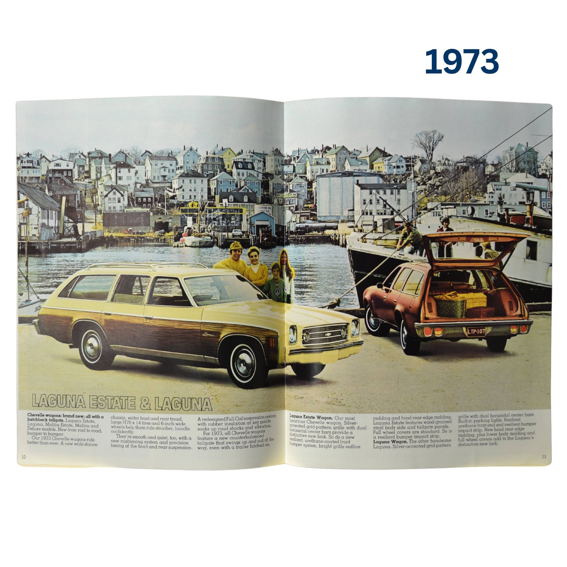 A vibrant image of the Laguna Estate and Laguna station wagons, parked near a marina with a family, emphasizing their practicality and design.