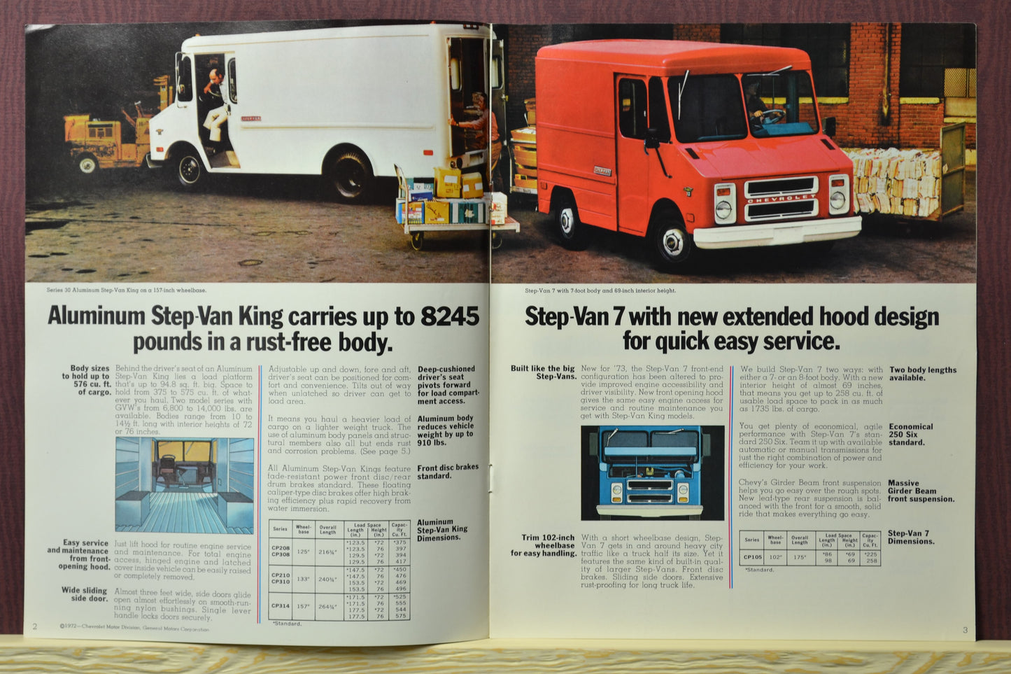 Interior pages of the 1973 Chevrolet Step Van brochure displaying a white Step-Van King alongside a red Step-Van 7, with details about cargo capacity, rust-free aluminum body, and extended hood design for easier maintenance.