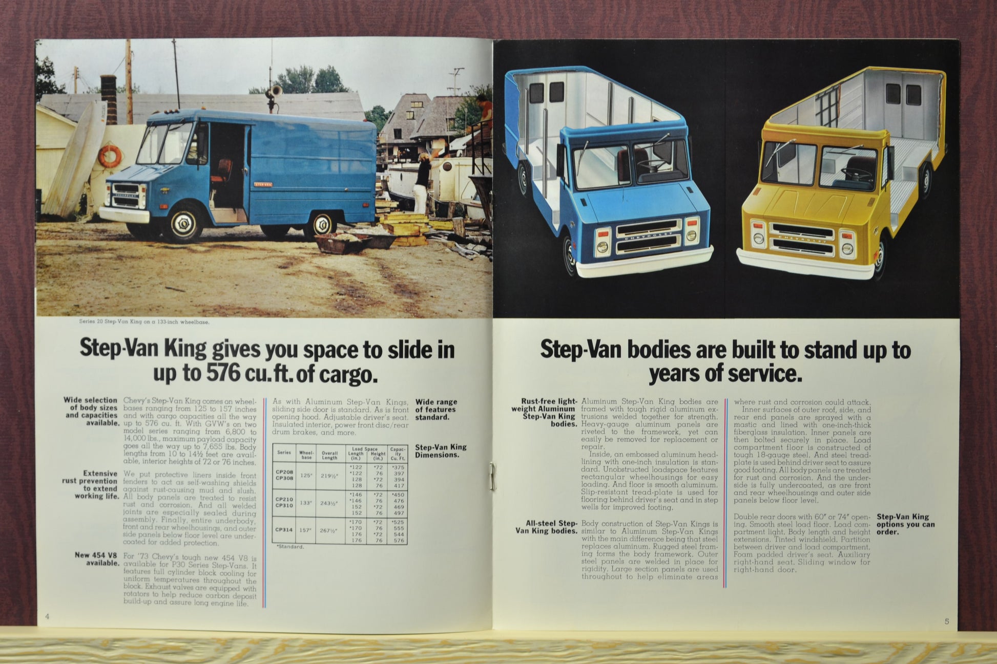 Interior pages of the 1973 Chevrolet Step Van brochure displaying a blue Step-Van King alongside a yellow Step-Van king, with details about cargo capacity, and step van bodies 