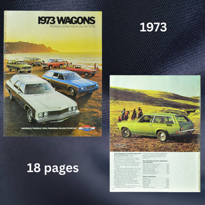 The front cover highlights a lineup of Chevrolet wagons, including the Caprice, Chevelle, Vega, Blazer, and Suburban, set against a coastal background. The back cover details specifications and options for each model.