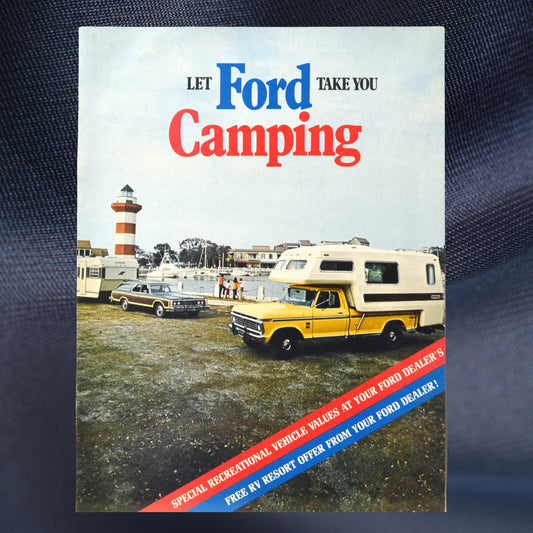 1973 Ford camping brochure cover with yellow F-350 Super Camper Special and Ford LTD wagon at a marina