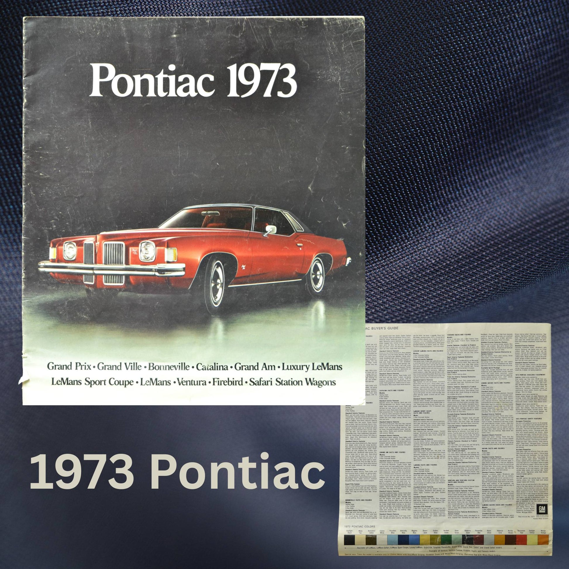 1973 Pontiac dealer brochure cover featuring a red Grand Prix. Includes models such as Grand Ville, Bonneville, Catalina, Grand Am, LeMans, Ventura, Firebird, and Safari station wagons. Vintage GM literature