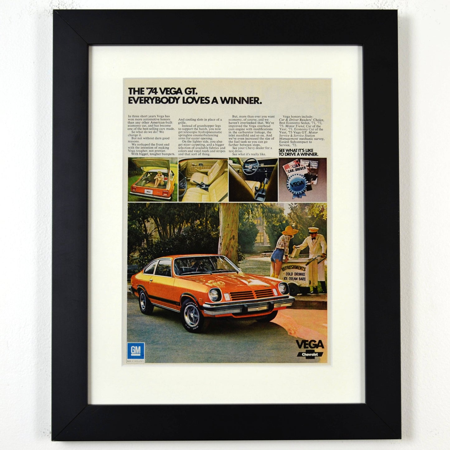 framed 1974 Chevy Vega GT Print Ad