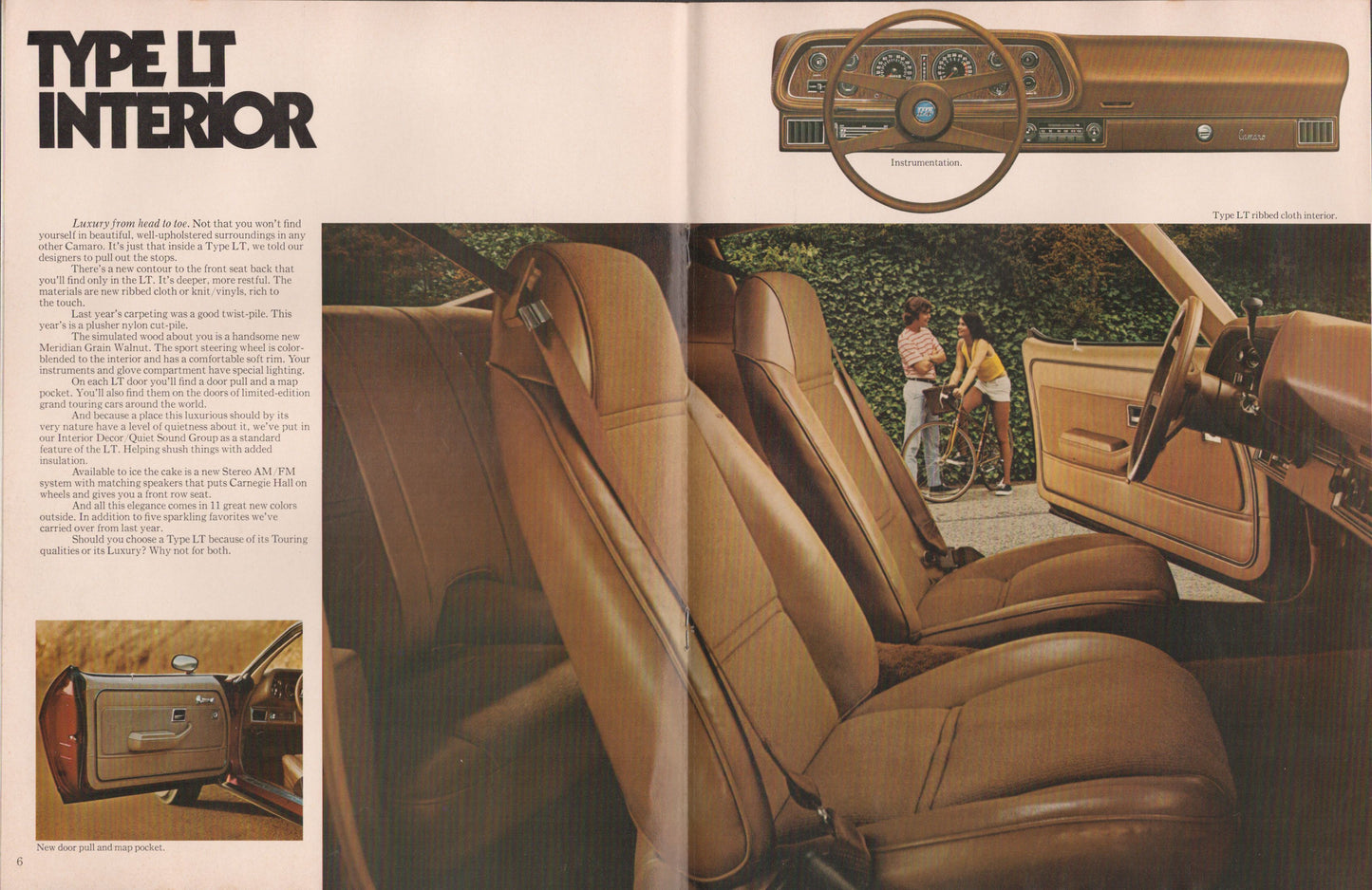 Vintage car interior advertisement camaro-brochure-1974-with brown leather seats and dashboard.