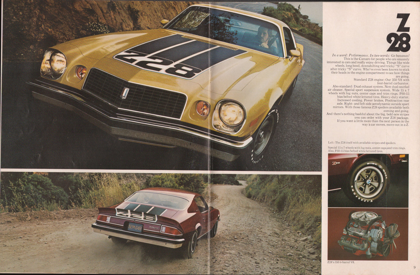 Vintage car advertisement with a yellow Z28 Camaro on a road.