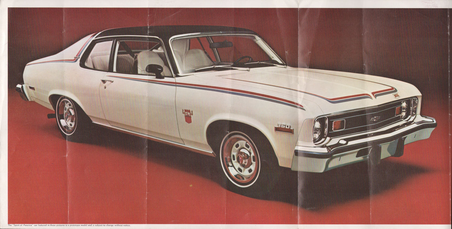 1974 Chevrolet Nova Spirit of America original dealer brochure featuring the Custom Hatchback special edition inner page