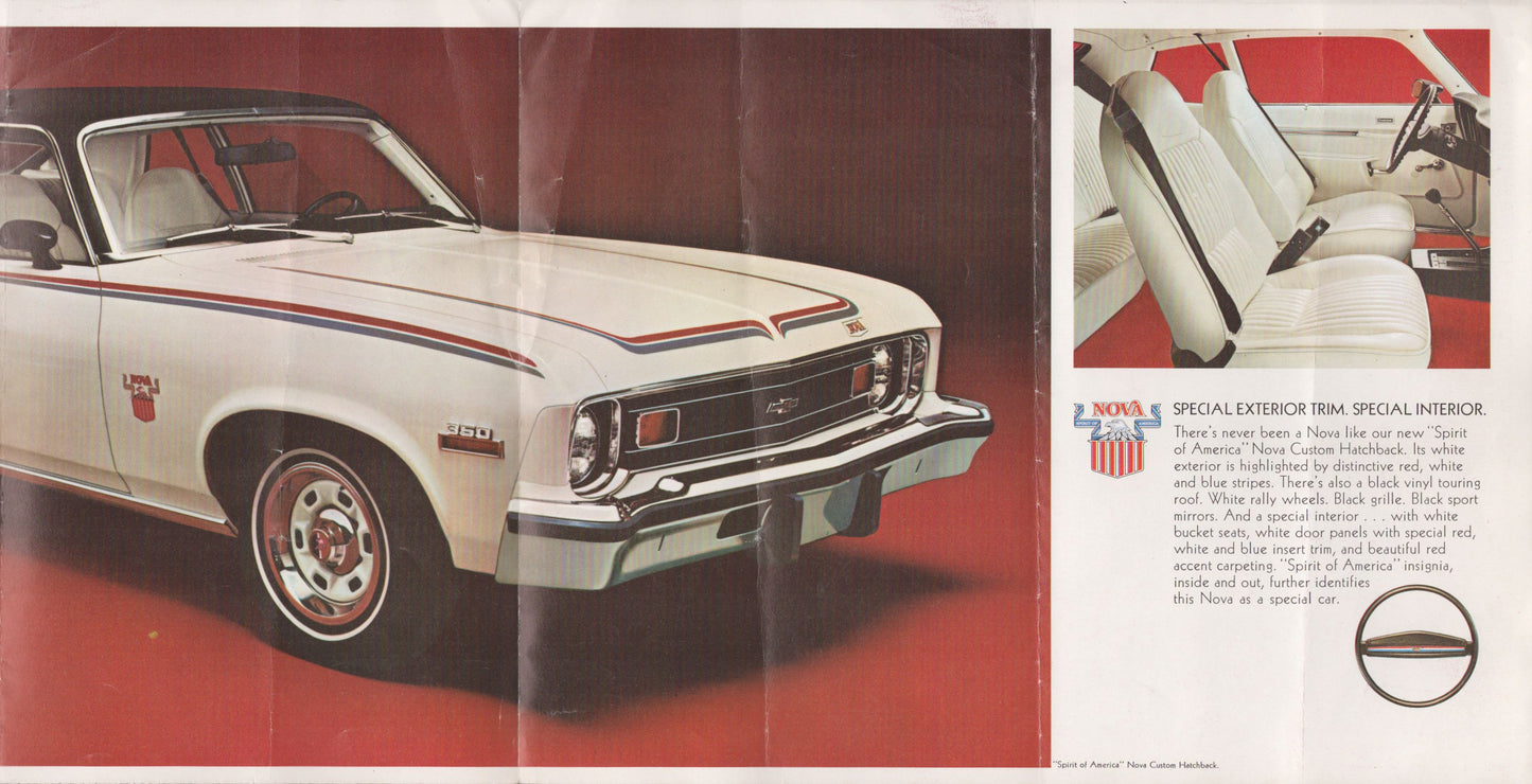 A vintage magazine or brochure page showing a white 1974 chevy nova with red interior and trim, alongside a small inset photo of the car's white interior seats and text describing the model.