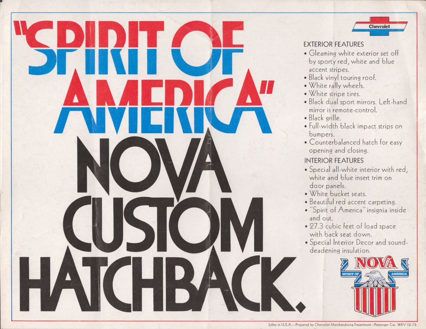 Vintage Chevrolet Nova Custom Hatchback advertisement poster with bold red and blue 'Spirit of America' lettering and large black 'NOVA CUSTOM HATCHBACK' text on a white background, plus feature lists and Nova logos in the corners.