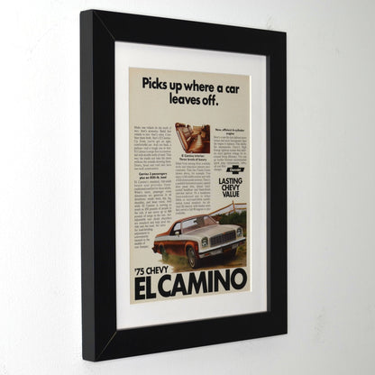 Framed advertisement for 1975 Chevy El Camino on a white background