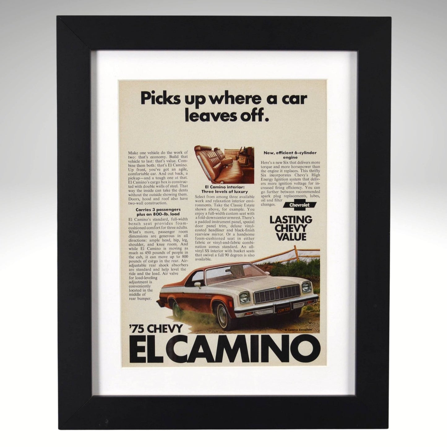 1975-chevy-el-camino-vintage-print-ad-framed-12x15-chevrolet-wall-art