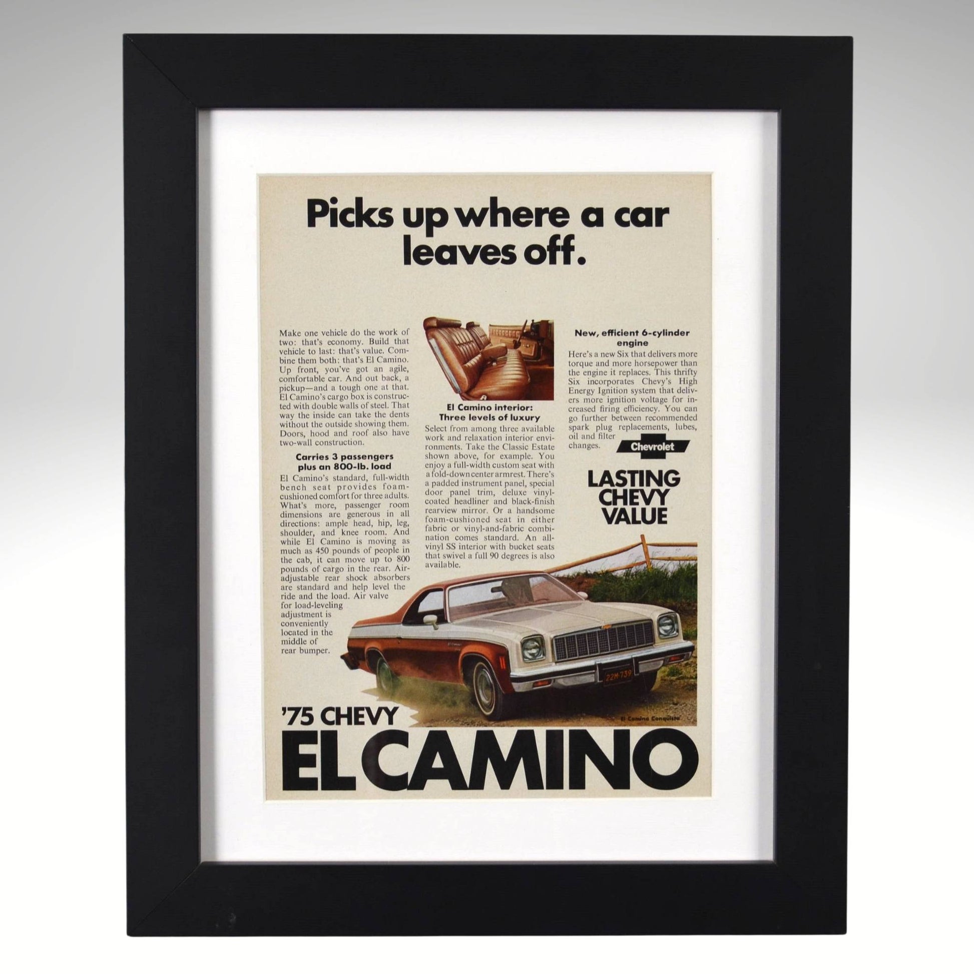 1975-chevy-el-camino-vintage-print-ad-framed-12x15-chevrolet-wall-art