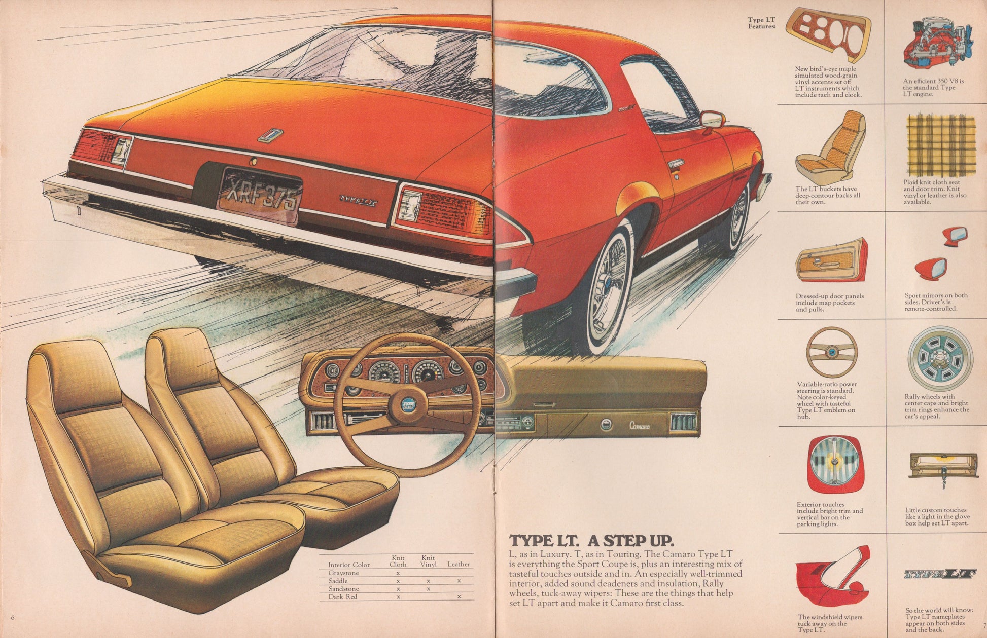 Vintage automotive advertisement page for a red 1975 Camaro, showing the exterior rear three-quarter view, tan leather seats, dashboard, and steering wheel, with small inset feature callouts along the right side and text reading 'TYPE LT. A STEP UP'.