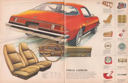 Vintage automotive advertisement page for a red 1975 Camaro, showing the exterior rear three-quarter view, tan leather seats, dashboard, and steering wheel, with small inset feature callouts along the right side and text reading 'TYPE LT. A STEP UP'.