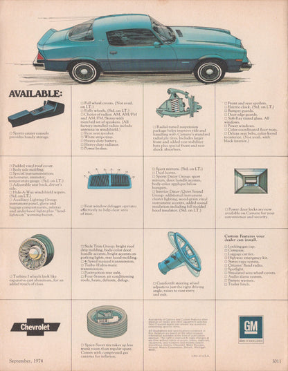 1975 Chevrolet Camaro original dealer sales brochure featuring Sport Coupe and Type LT back options page