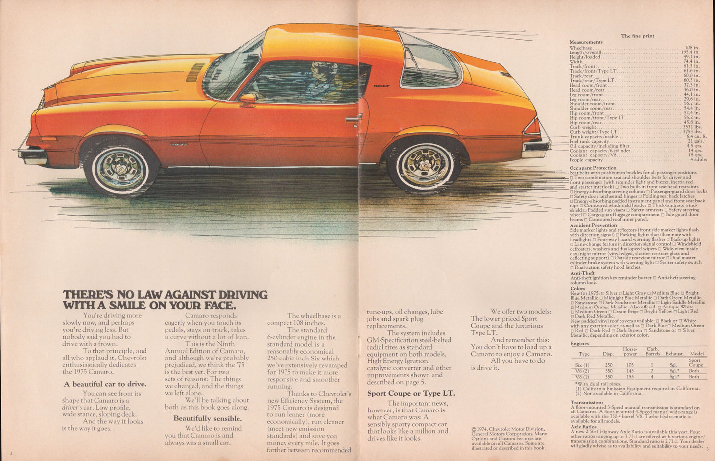 1975 Chevrolet Camaro original dealer sales brochure featuring Sport Coupe and Type LT interior pages