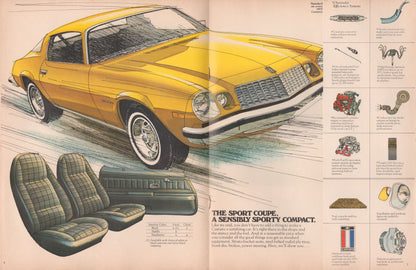A vintage printed brochure or catalog spread featuring a yellow 1975 Camaro, two plaid seats, interior door panels, and small technical illustrations and text blocks along the right side.