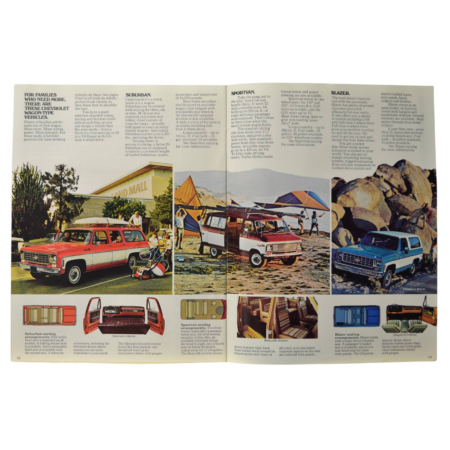 A spread featuring Chevrolet's wagon lineup, including the Suburban, Sportvan, and Blazer, highlighting seating arrangements and storage capabilities.