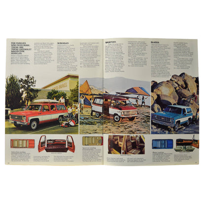 A spread featuring Chevrolet's wagon lineup, including the Suburban, Sportvan, and Blazer, highlighting seating arrangements and storage capabilities.