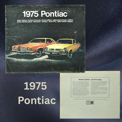 1975 Pontiac dealer brochure featuring cover image of Pontiac Grand LeMans and Firebird, with back cover details