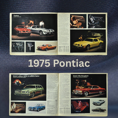 Interior pages of the 1975 Pontiac dealer brochure showcasing Firebird, Grand LeMans Safari, Grand Ville Brougham, and more