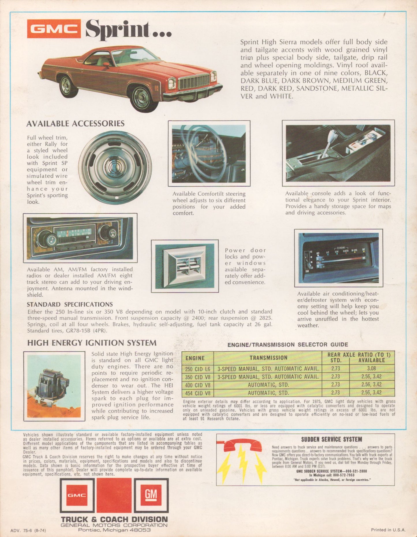 Vintage GMC Sprint advertisement with car details and accessories