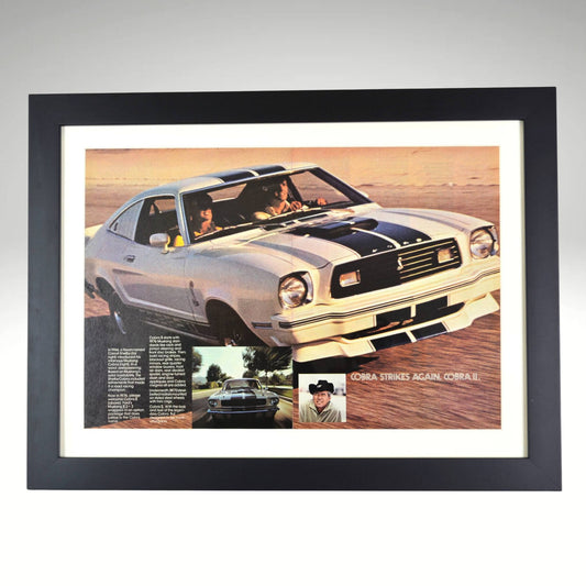 1976 Ford Mustang Cobra II framed print showcasing Shelby-inspired styling, racing stripes, and classic Mustang performance. Perfect for muscle car collectors.