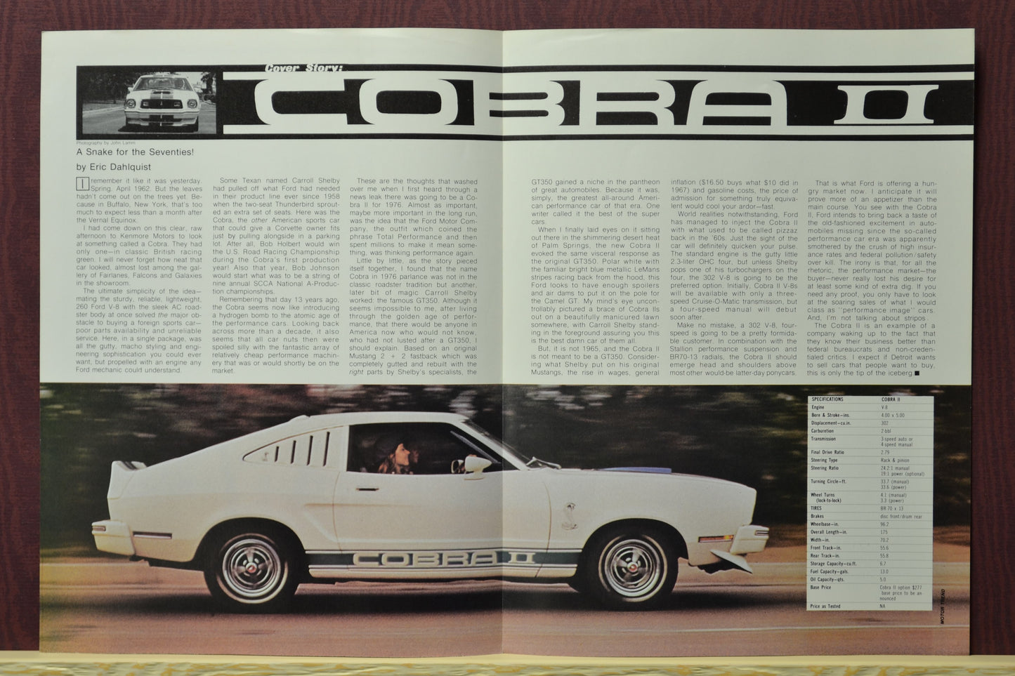 Interior spread of 1976 Ford Mustang Cobra II Motor Trend brochure