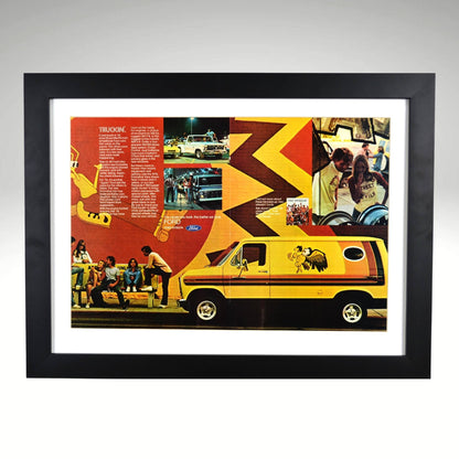 1976 Ford "Trucking" framed print featuring vintage custom vans, bold 70s graphics, and Free Wheelin’ culture.